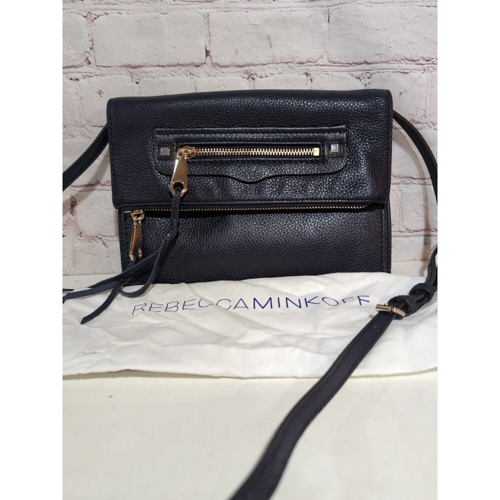 Rebecca Minkoff Small Regan Clutch Navy Blue Pebbled Leather Gold Hardware Dust